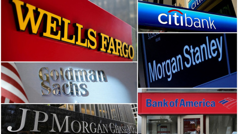 Los logos de los principales bancos de EEUU: Wells Fargo, Citigbank, Morgan Stanley, JPMorgan Chase, Bank of America, JPMorgan, y Goldman Sachs.