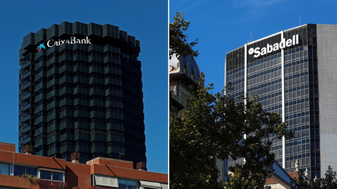 Los edificios de las sedes de Caixabank y de Banco Sabadell en Barcelona. REUTERS