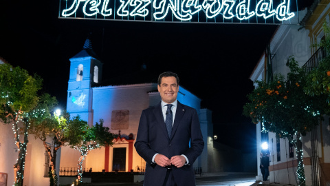 Juanma Moreno dando su mensaje de Navidad desde Cumbres de Enmedio (Huelva) en el año 2019. Imagen de Archivo.