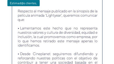 Comunicado de Cineplanet en el que lamentan el mensaje publicado en la sinopsis de 'Lightyear'.