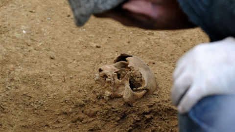 El arqueólogo de la fosa de Gerena descubre uno de los cráneos enterrados. CRISTINA QUICLER (AFP)