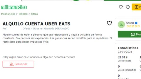 Oferta en milanuncios en la que un hombre alquila una cuenta de Uber..