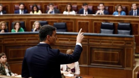 El presidente del Gobierno, Pedro Sánchez, durante la primera sesión de control al Gobierno en el Congreso del nuevo curso político. EFE//Mariscal