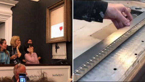 La obra de Banksy destruida tras ser subastada en Sotheby's y la trituradora de papel que introdujo el artista en el marco. / INSTAGRAM