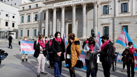 Miembros de la Federación Plataforma Trans y de otros colectivos se congregan a las puertas del Congreso este jueves para expresar su indignación por el bloqueo de la ley trans y anunciar una posible huelga de hambre si no se tramita esa norma.