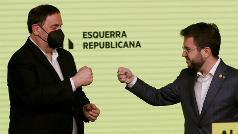 El candidato de ERC a la presidencia de la Generalitat, Pere Aragonès, y el presidente del partido, Oriol Junqueras.