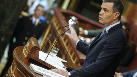 El presidente del Gobierno, Pedro Sánchez, durante su intervención en el debate sobre el estado de la nación, este martes en el Congreso.