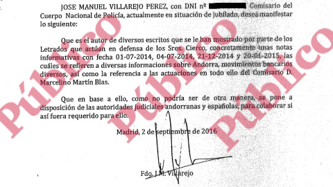 Encabezado del acta notarial en la que Villarejo se declara autor de sucesivas notas informativas policiales apócrifas que perjudican a Martín-Blas.