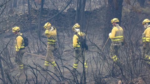 14/07/2022-Efectivos del cuerpo de bomberos trabajan en las labores de extinción del incendio declarado en el término de Monsagro, al suroeste de Salamanca, que desde la tarde del lunes ha quemado más de 1.000 hectáreas.