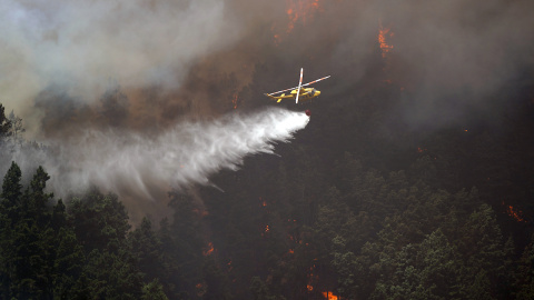 Un helicóptero contra incendios descarga agua sobre un incendio forestal en Tenerife Norte, a 23 de julio de 2022, en Tenerife, Santa Cruz de Tenerife, Canarias.