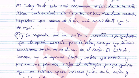 Cuartilla con las respuestas enviadas por Pablo Hasél desde prisión.