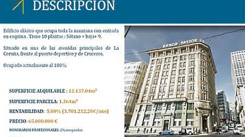 Ficha del anuncio de la venta del edificio de la sede del Banco Pastor en A Coruña.