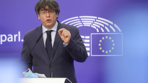 24/02/2021. Imagen de archivo del eurodiputado Carles Puigdemont hablando durante una rueda de prensa en el Parlamento Europeo. - EFE