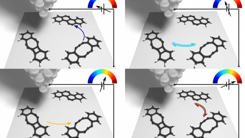 Mediante pulsos de voltaje (coloreado del azul al rojo) de la punta de un microscopio de sonda de barrido se desencadenan selectivamente diferentes transformaciones moleculares.