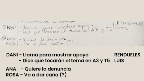 Apunte de la agenda de Villarejo del 4 de febrero de 2015 donde se recoge las conversaciones con Daniel Montero, Ana Rosa Quintana y Luis Rendueles.