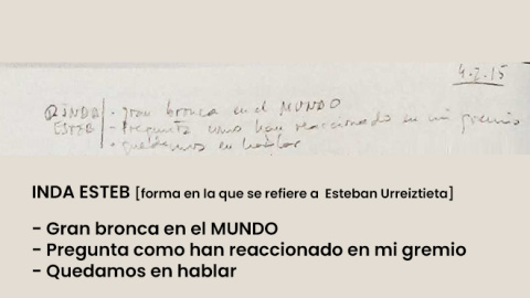 Apunte de la agenda de Villarejo del 4 de febrero de 2015 donde se recoge la conversación con Esteban Urreiztieta.