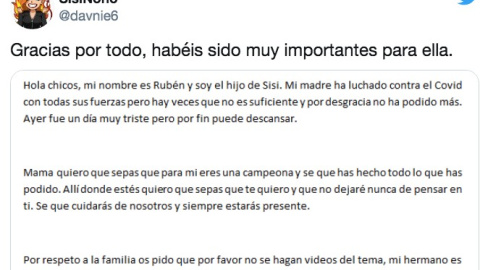 El hijo de la 'gamer' Sisi Nono ha difundido en Twitter la noticia del fallecimiento de su madre.