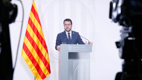 El president de la Generalitat, Pere Aragonès, ofereix una roda de premsa.