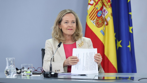 02/08/2022. La ministra de Asuntos Económicos y Transformación Digital, Nadia Calviño, en una rueda de prensa posterior al Consejo de Ministros, en el Palacio de La Moncloa, a 26 de julio de 2022, en Madrid.