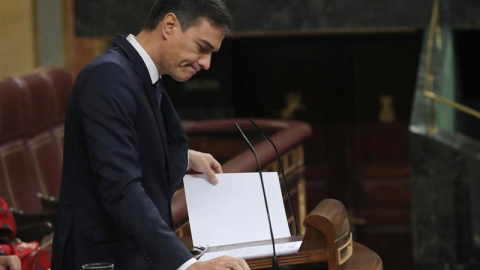 El presidente del Gobierno, Pedro Sánchez, durante su intervención ante el pleno del Congreso de los Diputados. EFE/Zipi