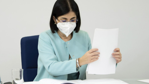 La ministra de Sanidad, Carolina Darias, durante el Consejo Interterritorial del Sistema Nacional de Salud, este miércoles en el Palacio de La Moncloa.