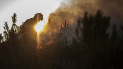 Un bombero forestal trabaja en la extinción del incendio que permanece activo en Verín (Ourense) y que ya ha calcinado 600 hectáreas.