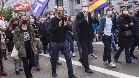 El candidato de Unidas Podemos a la Presidencia de la Comunidad de Madrid, Pablo Iglesias (2i); el candidato del PSOE, Ángel Gabilondo (3i); la candidata de Más Madrid, Mónica García (2d), y la 'número 2' del PSOE para las elecciones a la Asamblea de