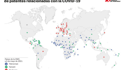 Mapa de Médico Sin Fronteras sobre los apoyos a la exención temporal de las patentes de las vacunas contra la covid-19.