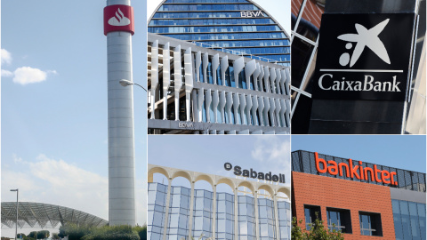 Los logos de los cinco grandes bancos (Santander, BBVA, Caixabank, Sabadell, Bankinter), en sus respectivas sedes.