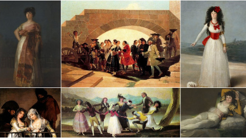 De izq a dcha, 'La Tirana', ‘La Boda’, ‘Retrato de la Duquesa de Alba’, ‘Las majas en el balcón’, ‘La gallina ciega’ y ‘La maja vestida’, obras de Goya.