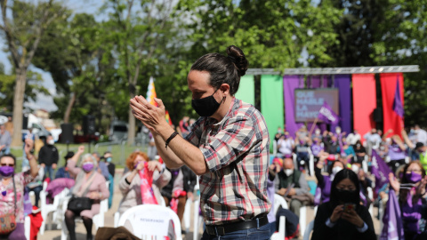 El candidato de Unidas Podemos a la presidencia de la Comunidad de Madrid y secretario general de Podemos, Pablo Iglesias, a 30 de abril de 2021, en el Parque Olof Palme de Usera, Madrid, (España).