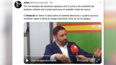 Una de las reacciones Twitter a la falsedad de Abascal sobre el voto por correo.