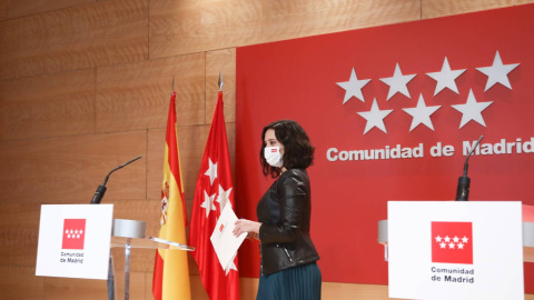 La presidenta de la Comunidad de Madrid y candidata a la reelección, Isabel Díaz Ayuso, durante una rueda de prensa tras la reunión del Consejo de Gobierno, a 7 de abril de 2021.