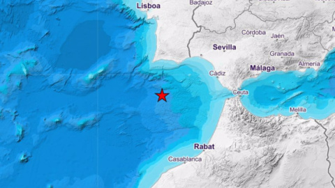 Imagen de la localización del terremoto en el Golfo de Cádiz de este domingo.