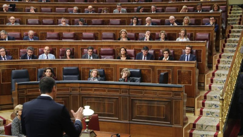 El presidente del Gobierno, Pedro Sánchez, se dirige al presidente del partido popular, Pablo Casado, durante su intervención en la sesión de control al Ejecutivo. /EFE