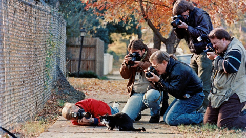 Los fotógrafos rodean a Socks Clinton, el gato del presidente demócrata (ARCHIVO)