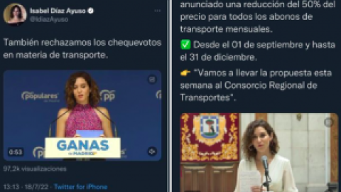 Ayuso abraza ahora los 'chequevotos' para el transporte tras ridiculizarlos: "Donde dije digo..."