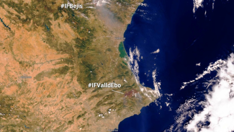 18/8/22 Imagen del satélite Sentinel-3 con el humo de los incendios de Bejís y Vall d'Ebo.