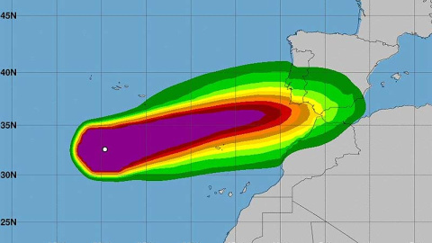 Pronóstico de la evolución de la tormenta Leslie en los próximos dos días. NOAA/Aemet