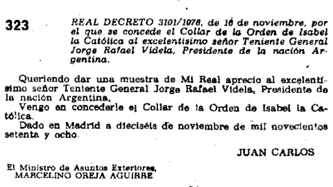 La condecoración de Videla en el BOE.