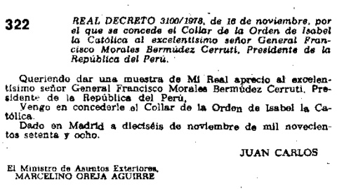 Condecoración para Morales Bermúdez en el BOE.