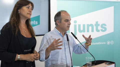 La roda de premsa conjunta de la presidenta del partit, Laura Borràs, i el secretari general, Jordi Turull.