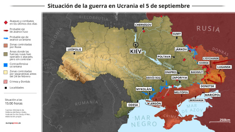 Mapa con la situación de la guerra en Ucrania el 5 de septiembre.