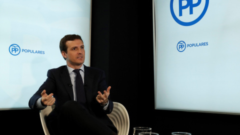 El presidente del PP, Pablo Casado,  durante su entrevista con con la agencia Efe. EFE/ Ballesteros