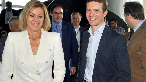 El presidente del PP, Pablo Casado, con María Dolores de Cospedal, en la jornada final del XIV Congreso del Partido Popular de Castilla-La Mancha, en Albacete. EFE/ Manu