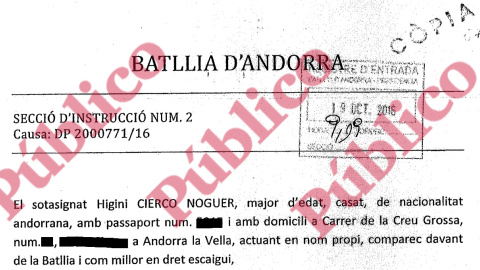 Encabezado de la querella de Higini Cierco contra Martín-Blas y Barroso, con registro de entrada el 19 de octubre de 2016.