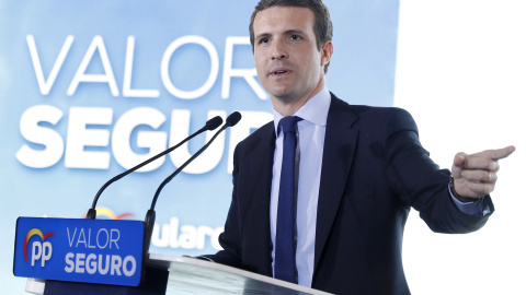 El presidente del PP, Pablo Casado, durante la presentación en Barcelona del programa de su partido para las próximas elecciones generales. EFE/Andreu Dalmau