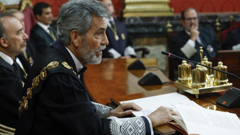 El presidente del Tribunal Supremo y del Consejo General del Poder Judicial, Carlos Lesmes durante la toma de posesión del nuevo fiscal general del Estado, Álvaro García Ortiz, este 5 de septiembre de 2022.