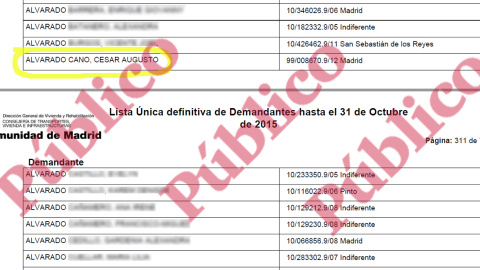 Lista de demandantes de vivienda social en Madrid, en 2015, donde aparece César Augusto Alvarado Cano.