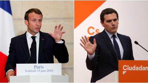 El presidente de Francia, Emmanuel Macron, en una intervención en el Palacio del Eliseo, y el presidente de Ciudadanos, Albert ivera, en una comparecencia en la sede del partido en Madrid. REUTERS